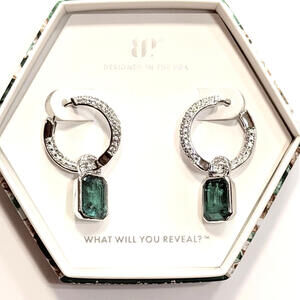Bomb Party May Hoop Earrings "Chic Green Glam" Emerald & CZ on Rhodium